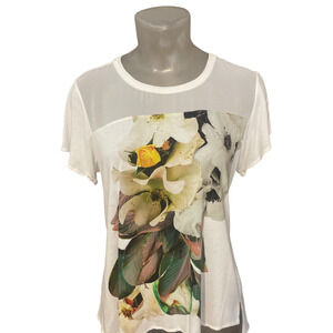 KAREN MILLEN Floral Graphic Tee w Sheer Mesh Yoke Size 12 Top T-shirt M L